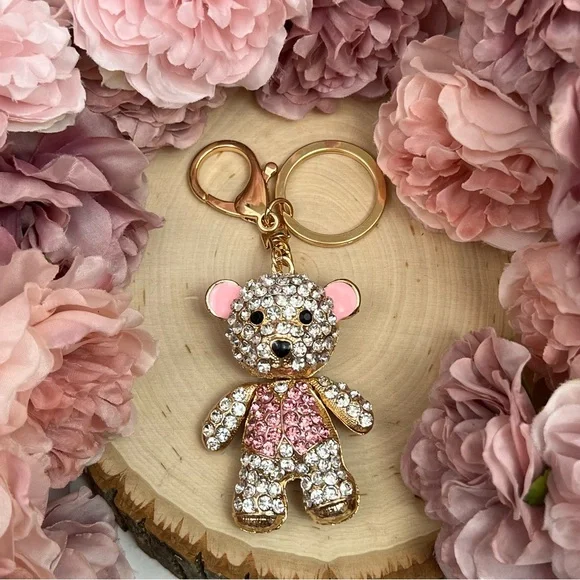 Pink and Silver Crystal Teddy Bear Keychain Charm - Picture 5 of 13